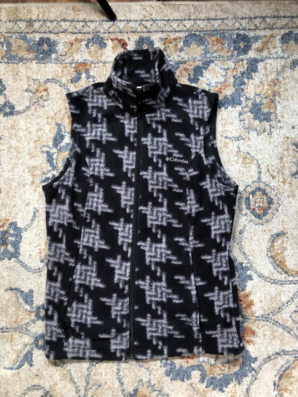 Columbia Vest Womens Small Black Gray Fleece Full Zip Houndstooth Outdoor